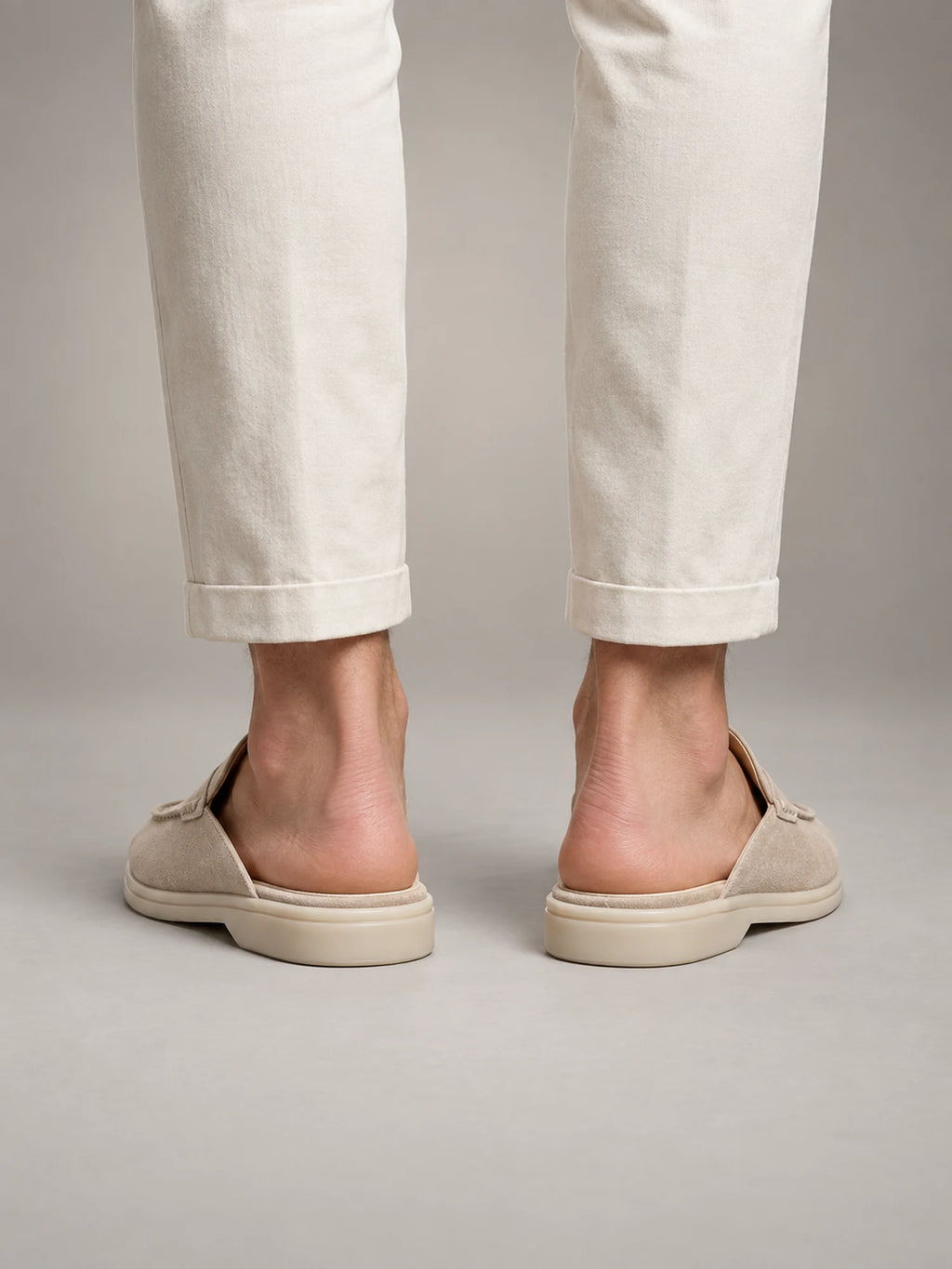 Volantero Men's Suede Backless Loafer Mules in Apricot, back view