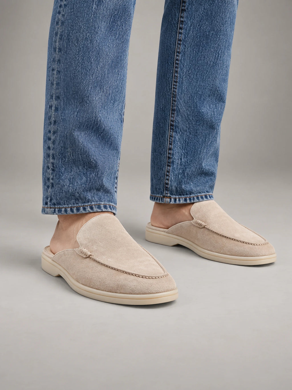 Volantero Men's Suede Backless Loafer Mules in Apricot, front view