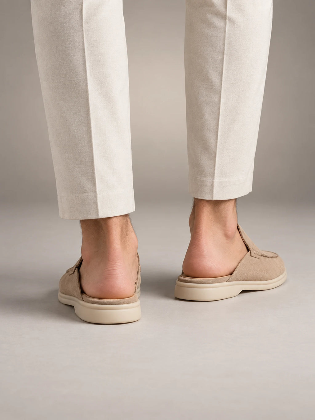 Volantero Men's Suede Backless Loafer Mules in Beige, back view