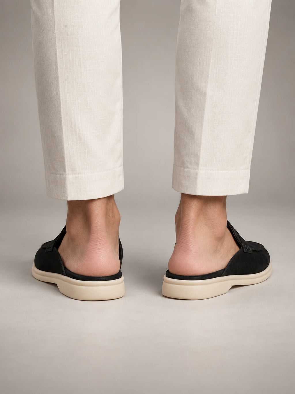 Volantero Men's Suede Backless Loafer Mules in Black, back view