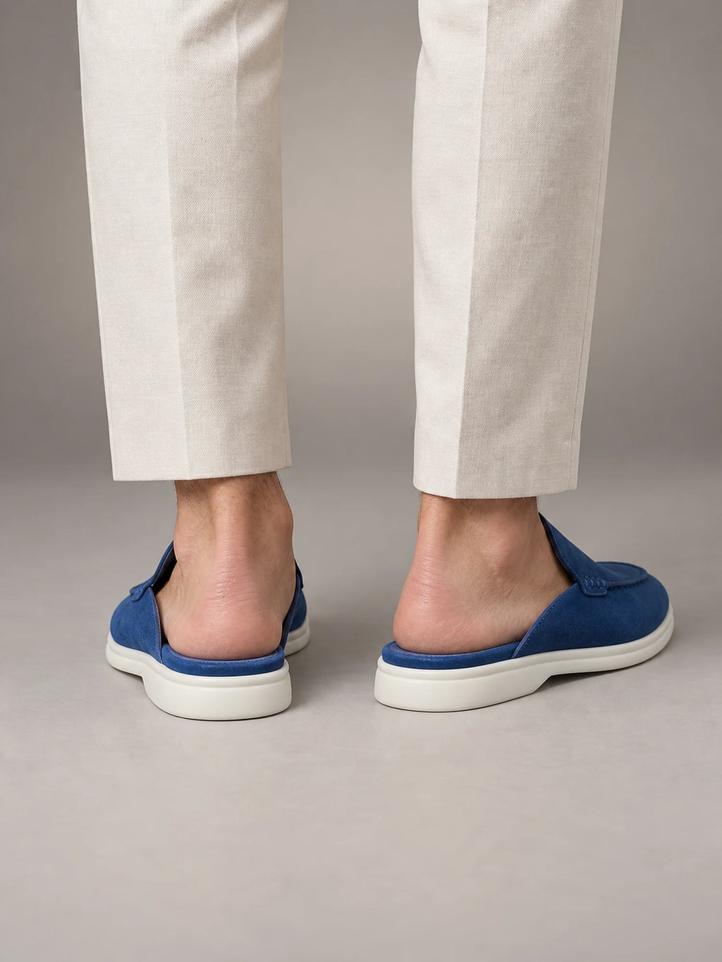 Volantero Men's Suede Backless Loafer Mules in Blue, back view