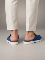Volantero Men's Suede Backless Loafer Mules in Blue, back view
