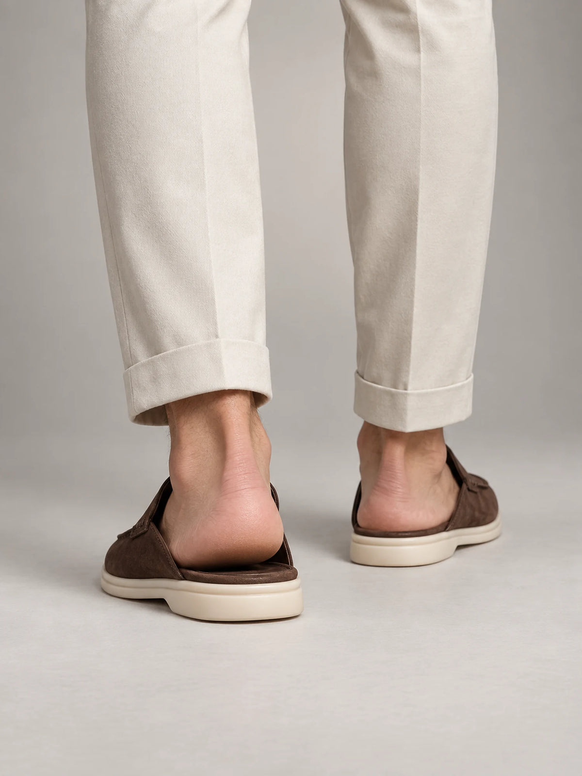 Volantero Men's Suede Backless Loafer Mules in Dark Brown, back view
