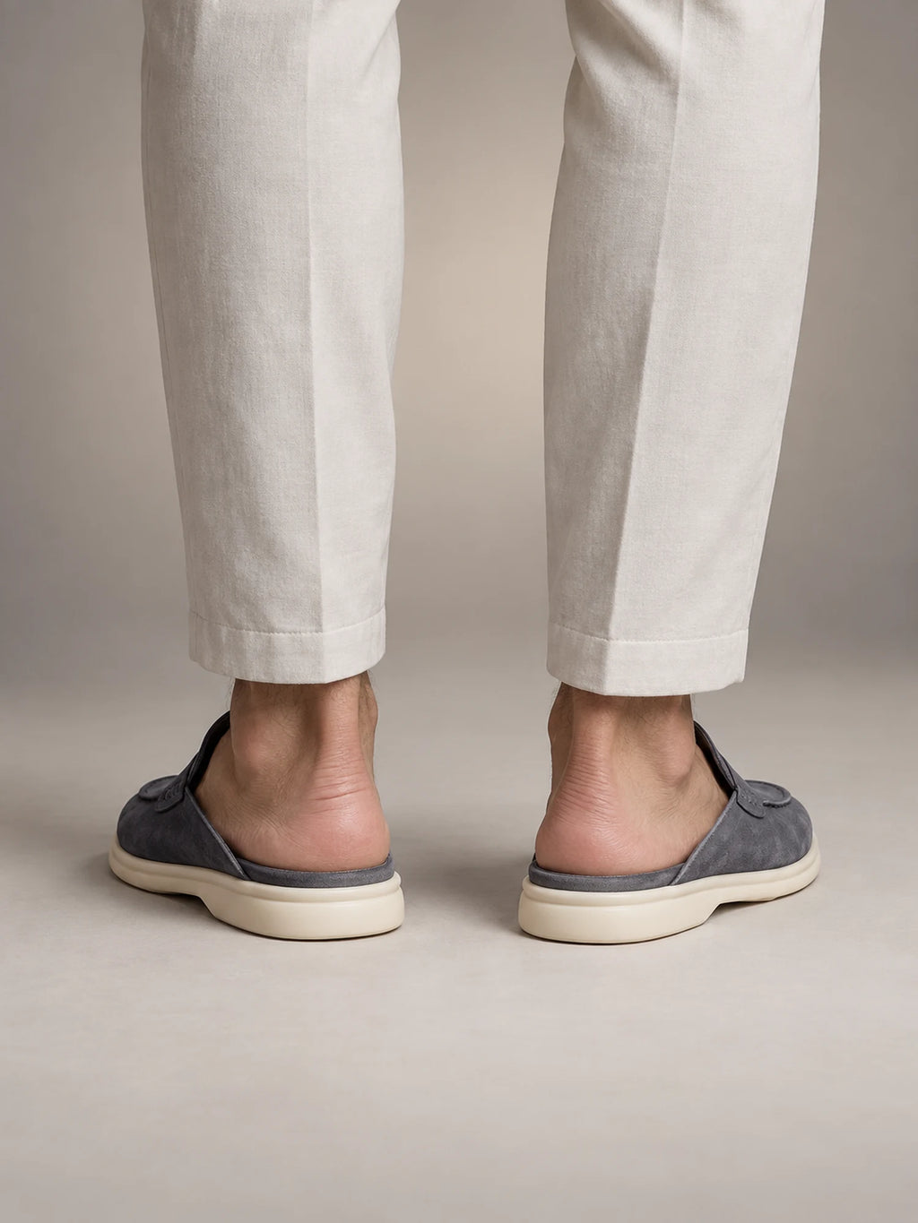 Volantero Men's Suede Backless Loafer Mules in Grey, back view