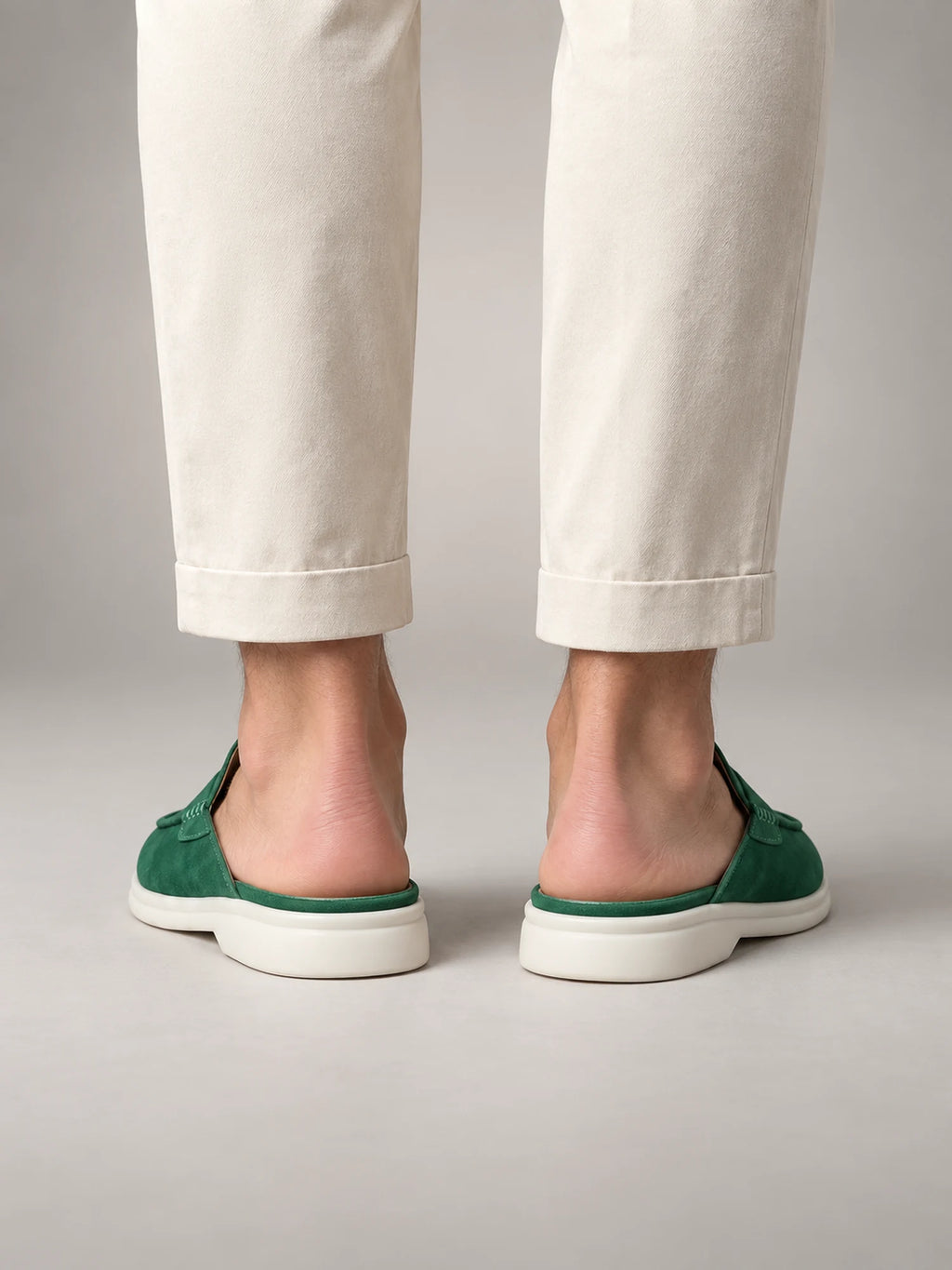 Volantero Men's Suede Backless Loafer Mules in Green, back view
