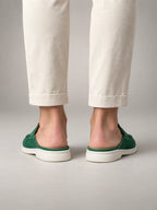 Volantero Men's Suede Backless Loafer Mules in Green, back view