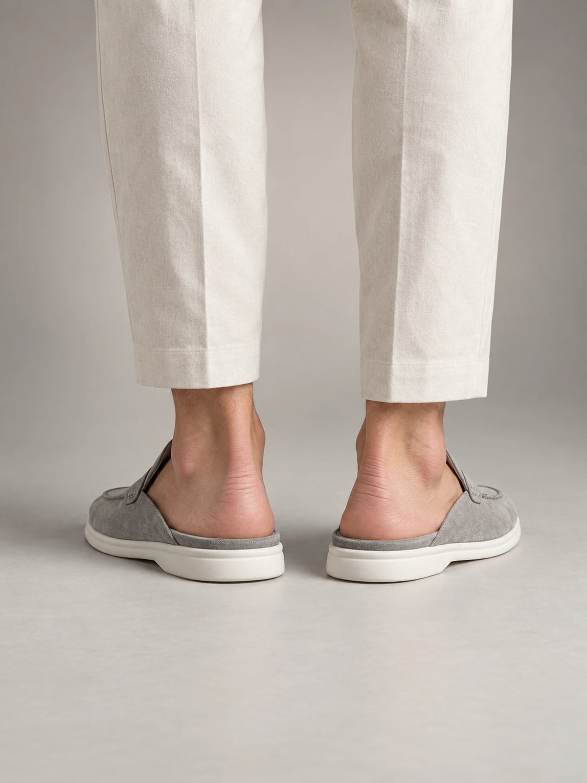 Volantero Men's Suede Backless Loafer Mules in Light Grey, back view