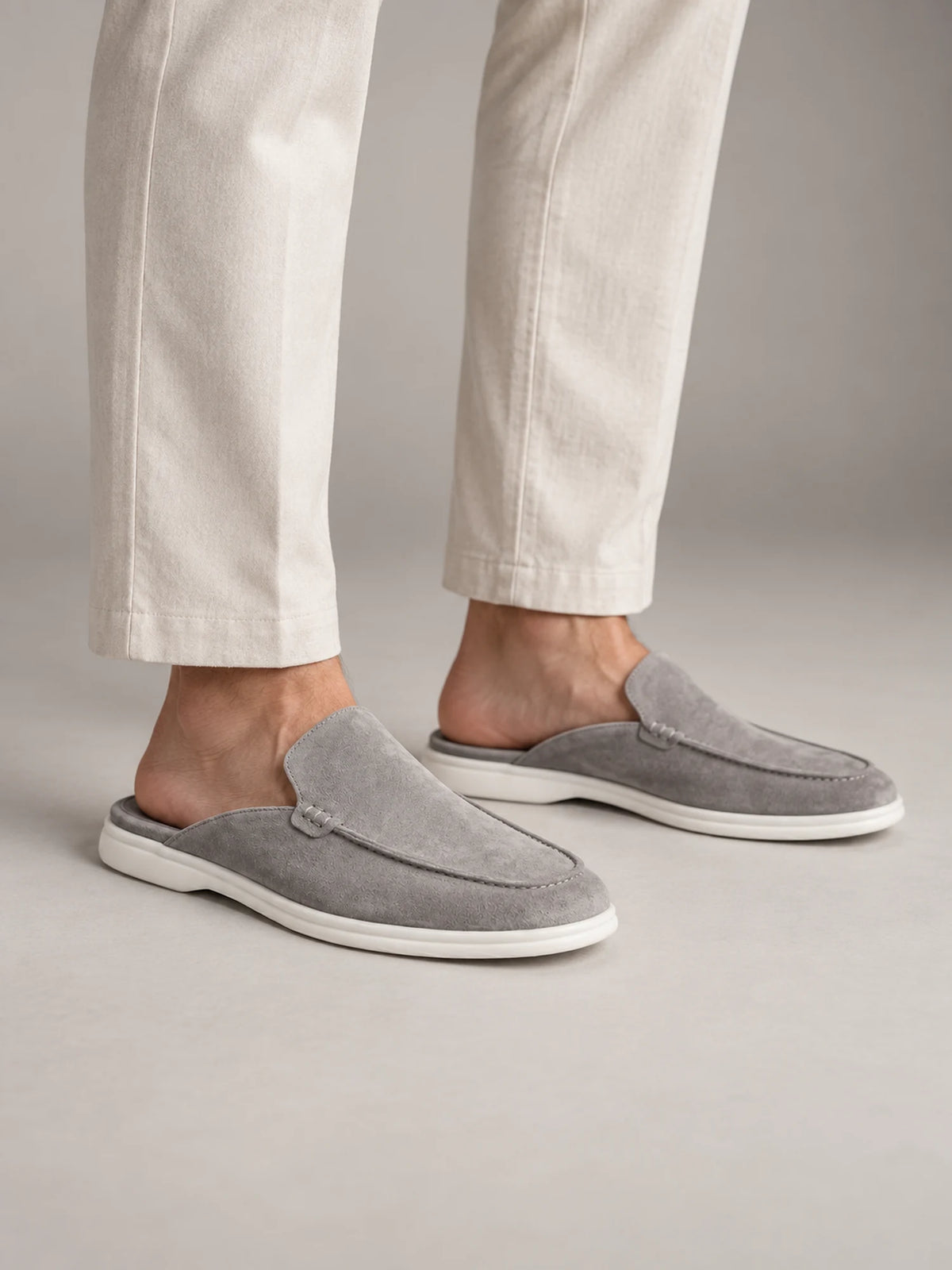 Volantero Men's Suede Backless Loafer Mules in Light Grey, hover view