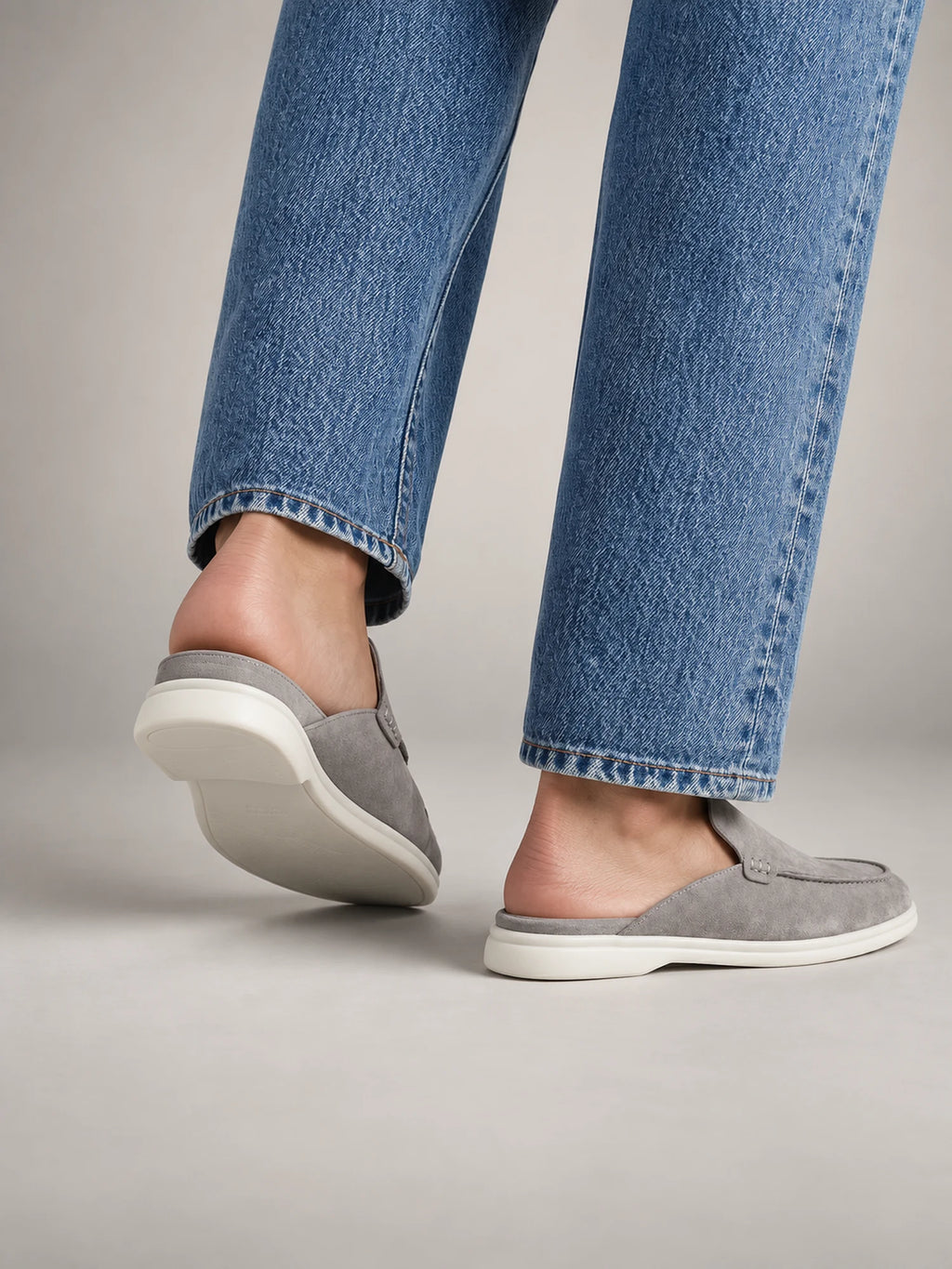 Volantero Men's Suede Backless Loafer Mules in Light Grey, side view