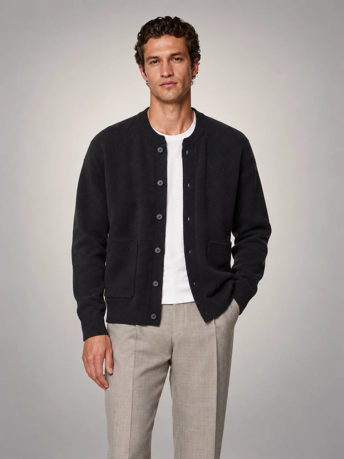 Volantero Men's Buttoned Cardigan in Black, front view