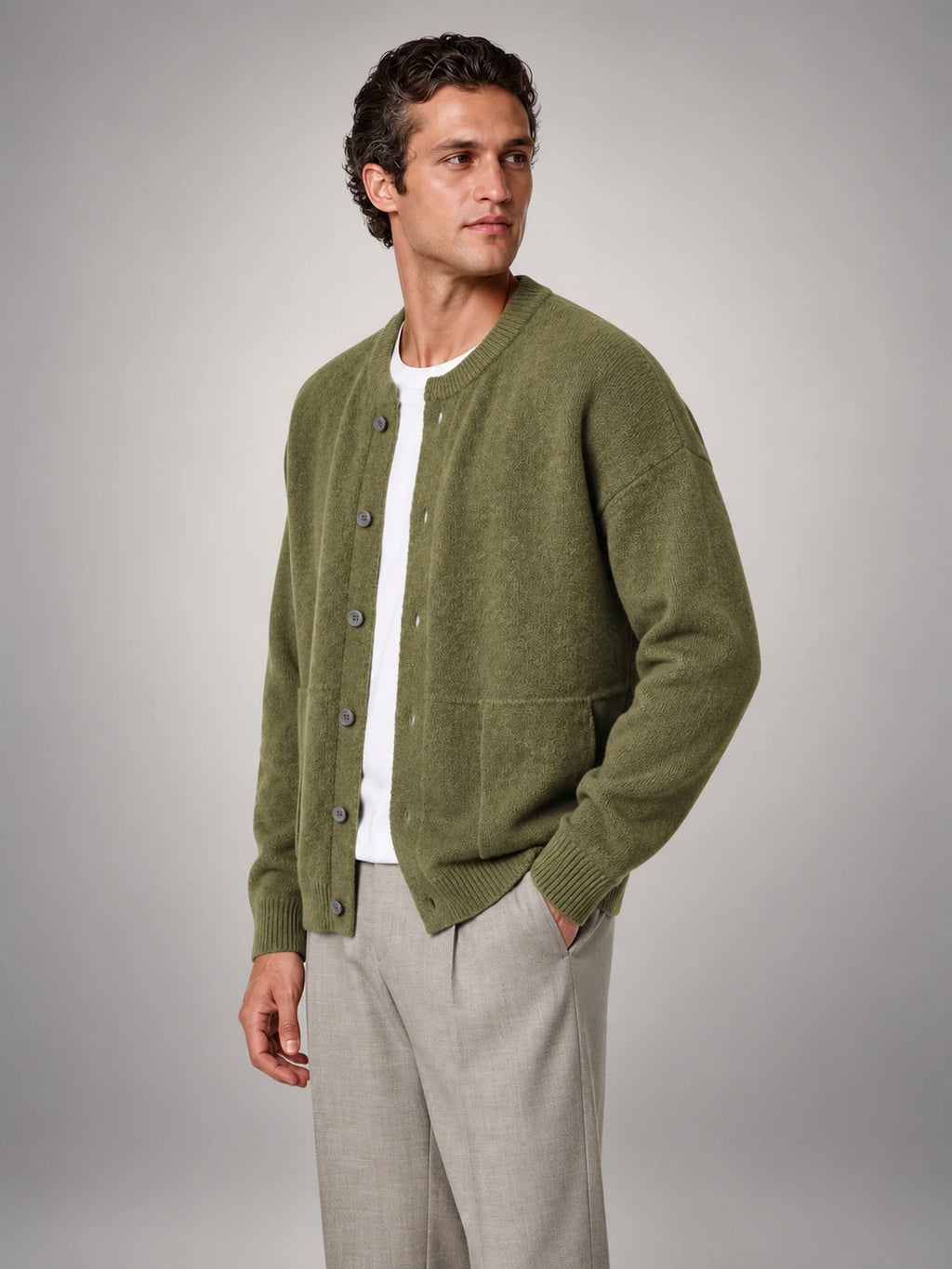 Volantero Men's Buttoned Cardigan in Green, side view