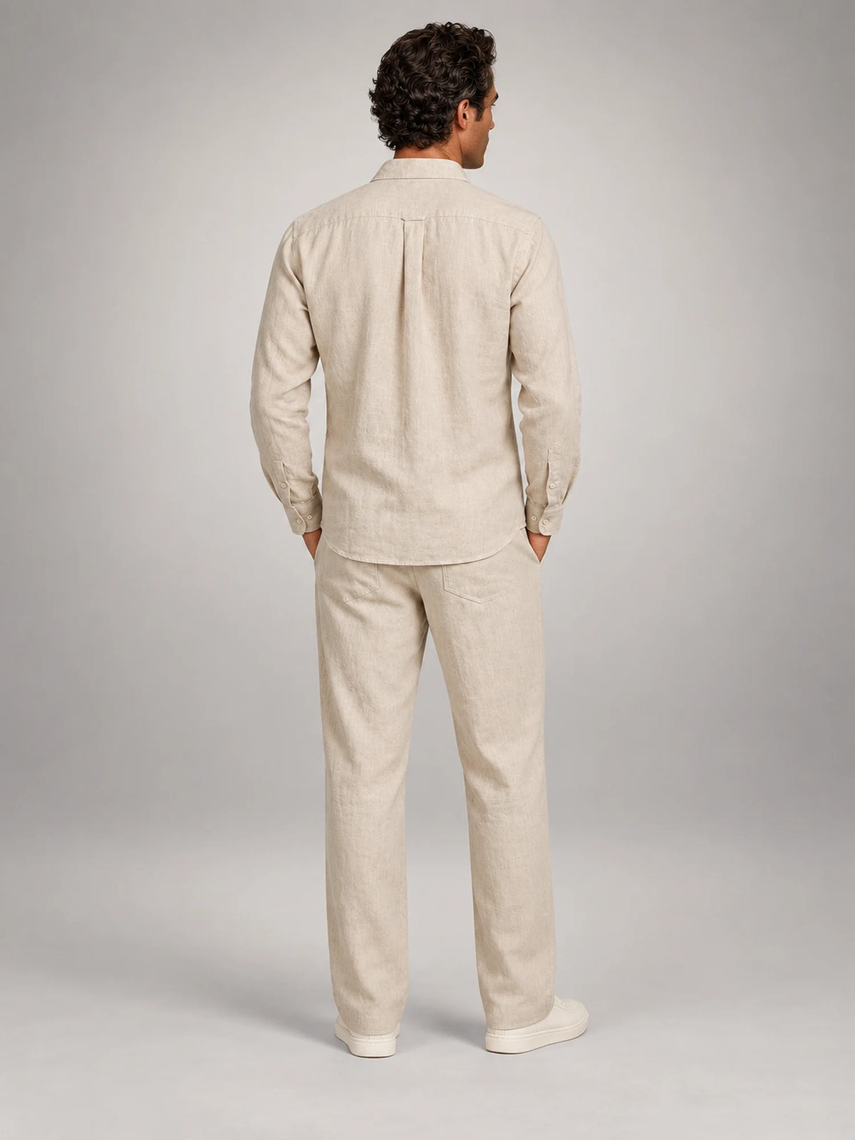 Volantero Men's Linen Co-Ord Set in Beige, back view