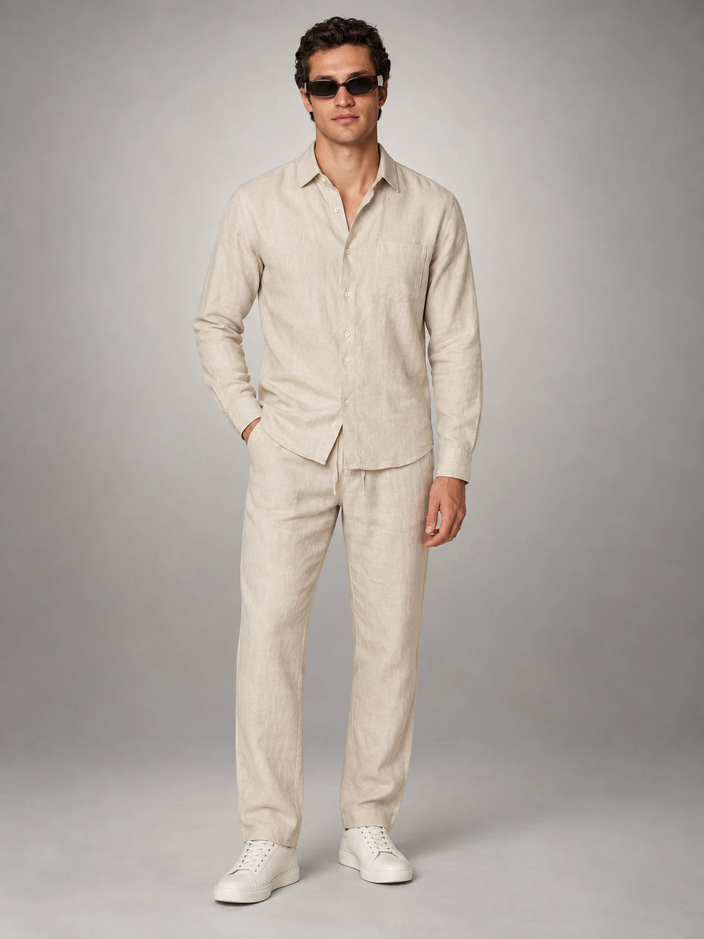 Volantero Men's Linen Co-Ord Set in Beige, hover view