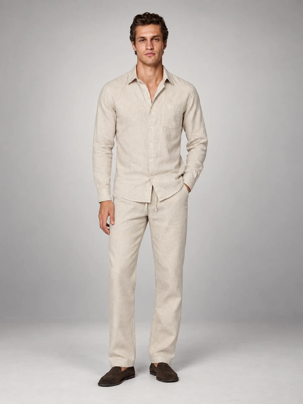 Volantero Men's Linen Co-Ord Set in Beige, main view