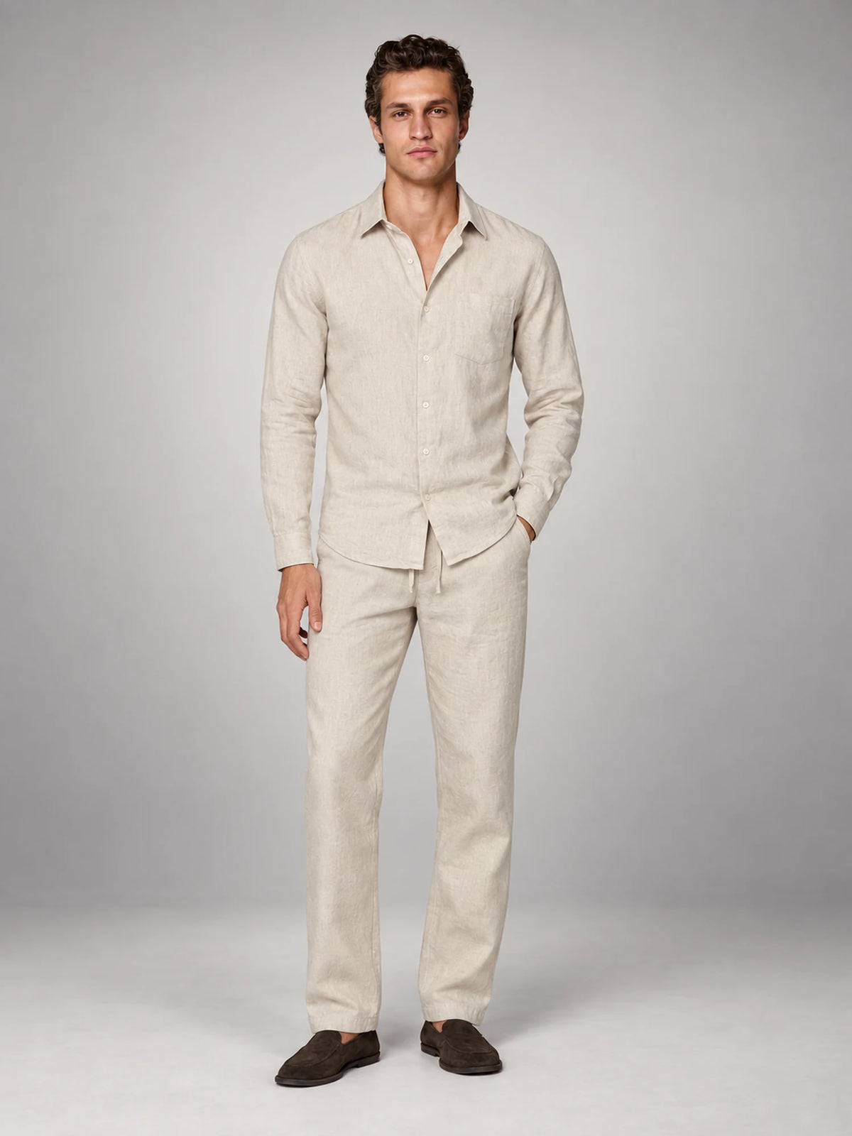 Volantero Men's Linen Co-Ord Set in Beige, main view