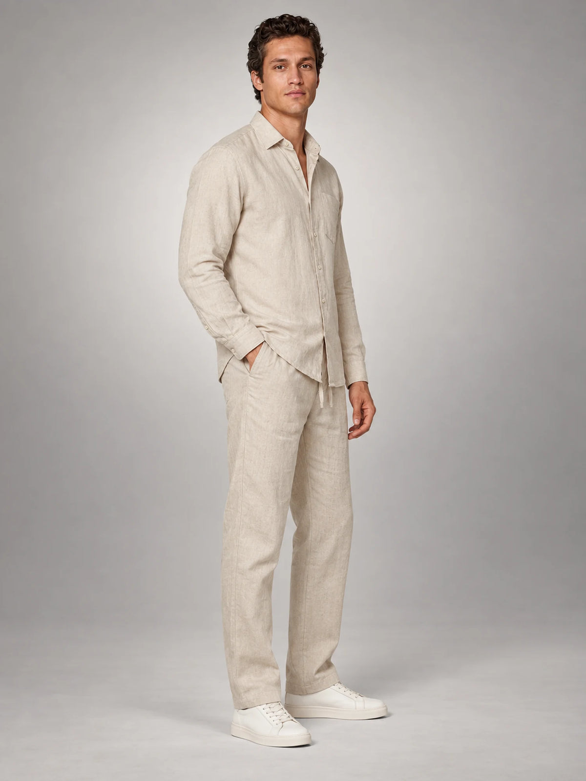 Volantero Men's Linen Co-Ord Set in Beige, side view