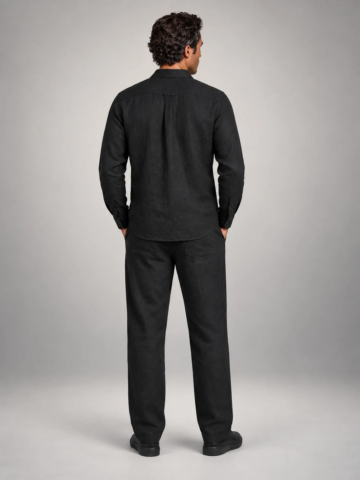 Volantero Men's Linen Co-Ord Set in Black, back view