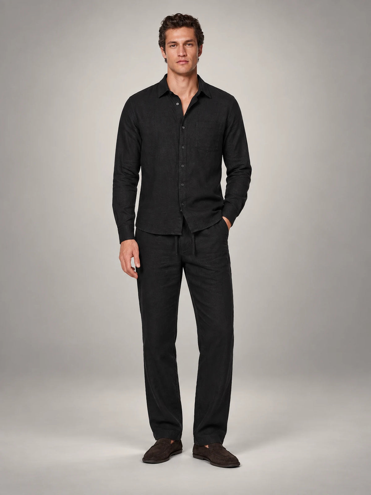 Volantero Men's Linen Co-Ord Set in Black, front view