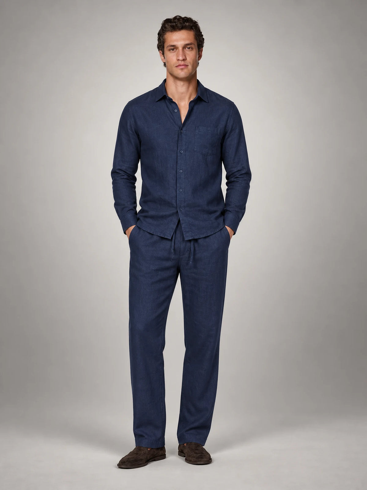 Volantero Men's Linen Co-Ord Set in Navy, front view