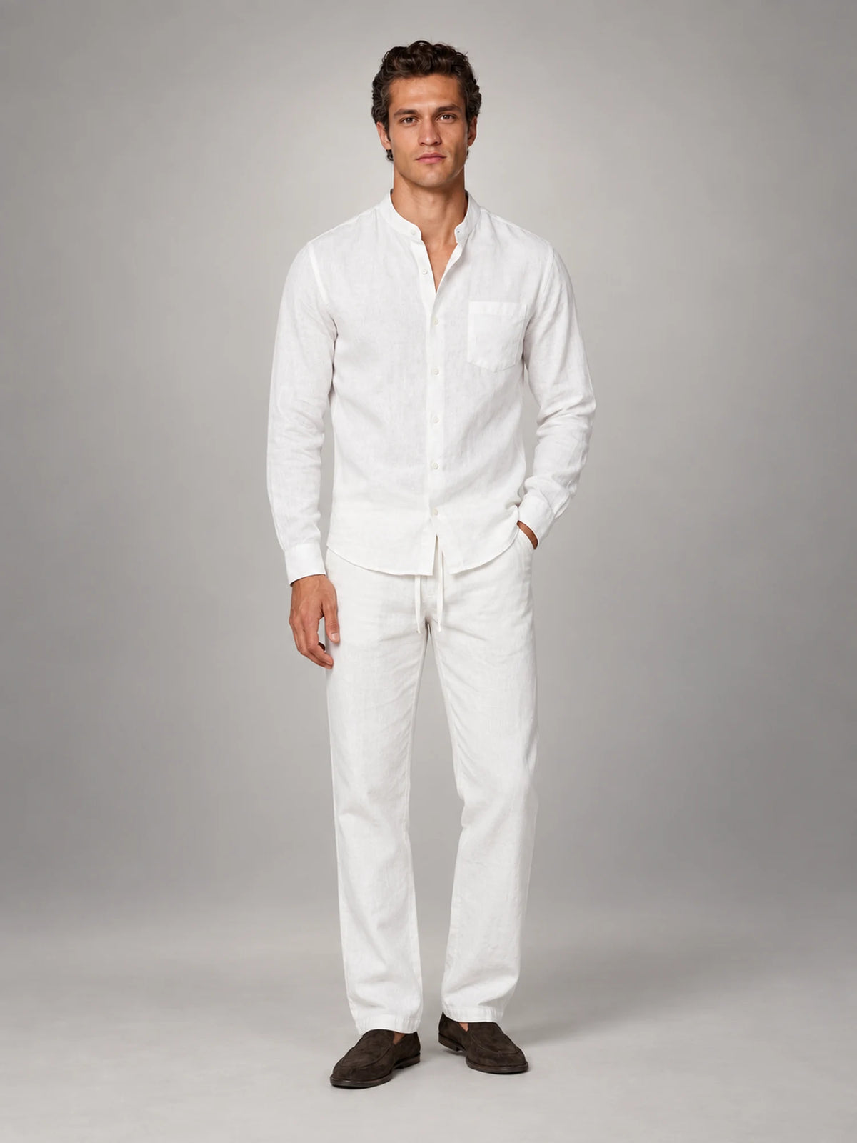 Volantero Men's Linen Co-Ord Set in White, front view